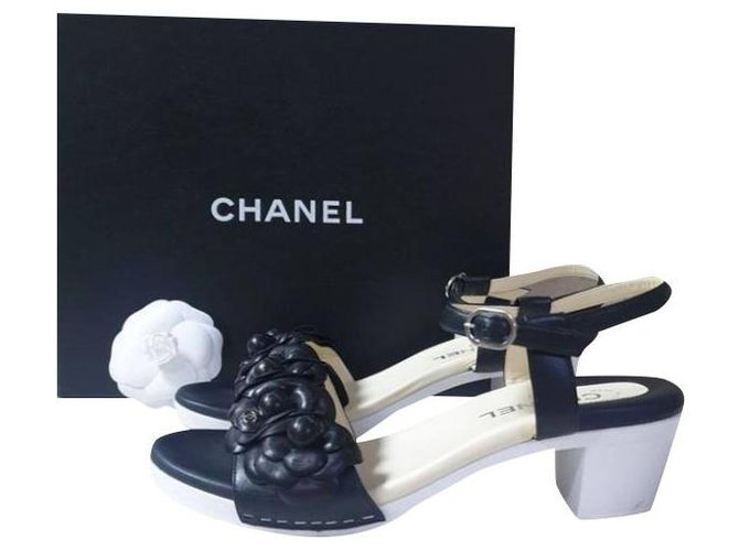 Chanel Camellia Black Leather Heels Sandals Size 38 Multiple colors  ref.277997