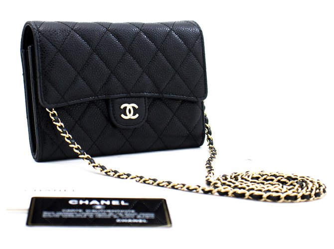 Wallet On Chain CHANEL Caviar Kleine Brieftasche an der Kette WOC Black Shoulder Bag Purse Schwarz Leder  ref.278390