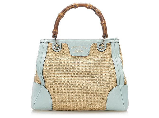Gucci Brown Bamboo Straw Handbag White Beige Leather Pony-style