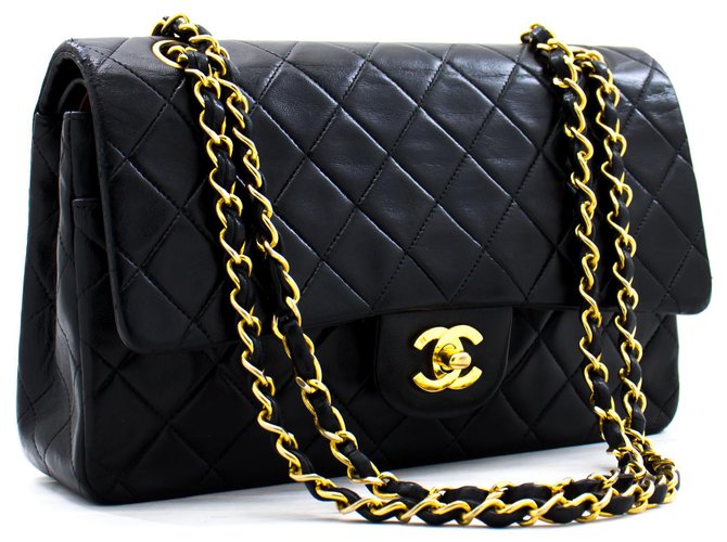 Chanel 2.55 à double rabat 10"Sac à bandoulière en chaîne Agneau noir Cuir  ref.278751