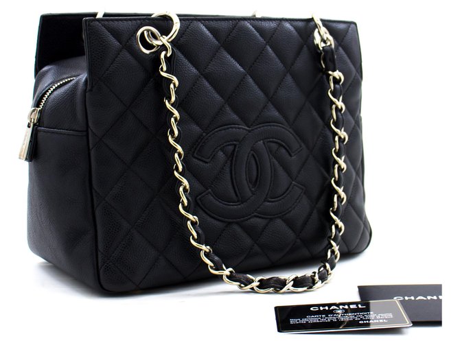 CHANEL Caviar Chain Shoulder Bag Shopping Tote Black Quilted Leather  ref.278752
