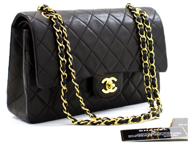 Chanel 2.55 aleta forrada 10"Bolsa de Ombro em Corrente Pele de Cordeiro Preta Preto Couro  ref.278753
