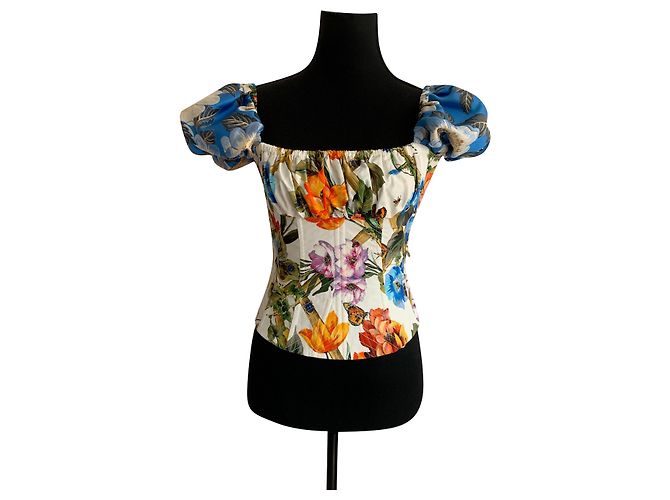 Dolce & Gabbana Top Corset Curto Floral Branco com Mangas Bufantes