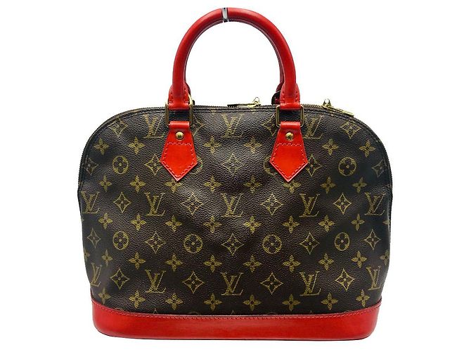 Louis Vuitton Alma Handtasche Monogramm Rotes Leder Custom Braun
