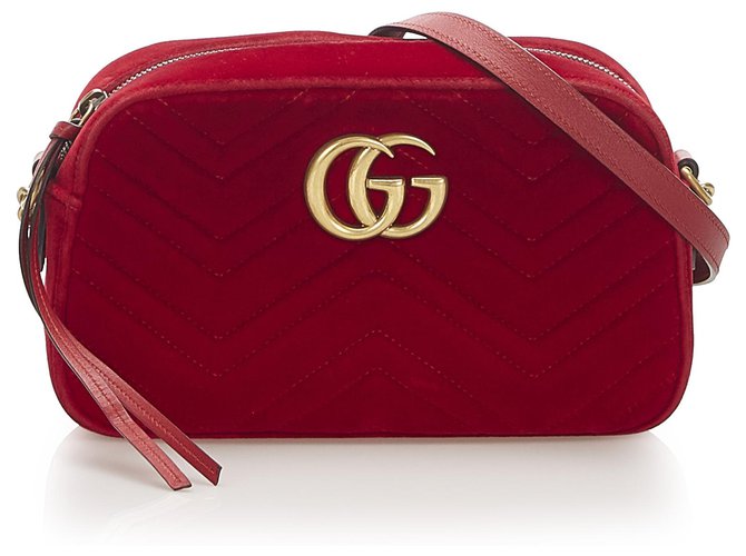 Gucci Red GG Marmont Velvet Crossbody Bag Leather Pony-style calfskin Cloth  ref.279290