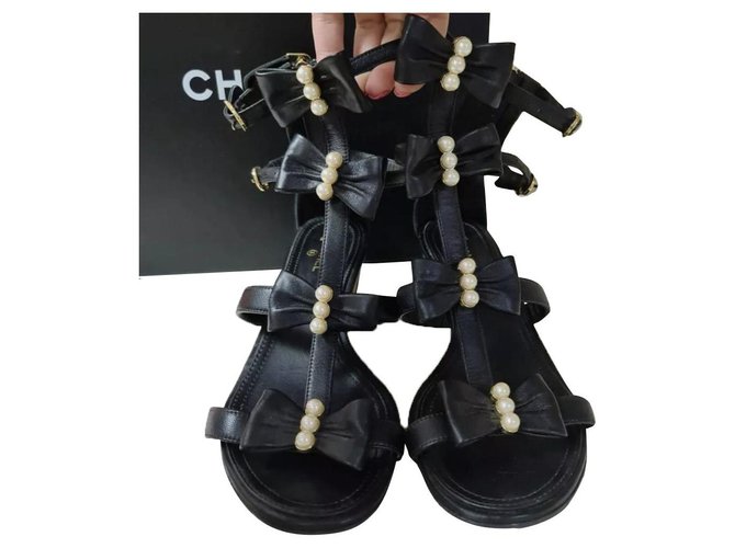 Chanel Camellia Pearl Black Leather Heels Sandals Size 37,5  ref.280125