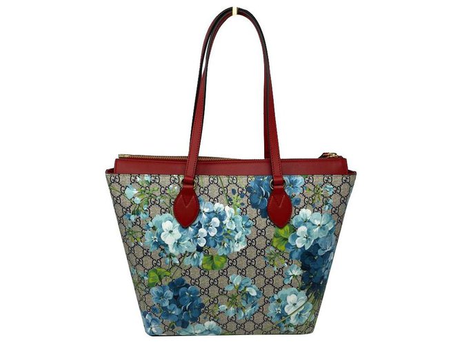 Gucci Womens GG Supreme Canvas Red Leather Blooms Blue Floral Tote