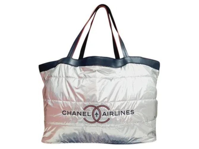 Shopper Chanel Airlines Silber Marineblau Baumwolle Lack  ref.280940