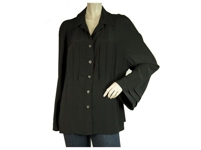 Chanel Black Silk Longsleeve Buttoned Pleated 100% Silk Shirt Top Blouse Size 48  ref.280986