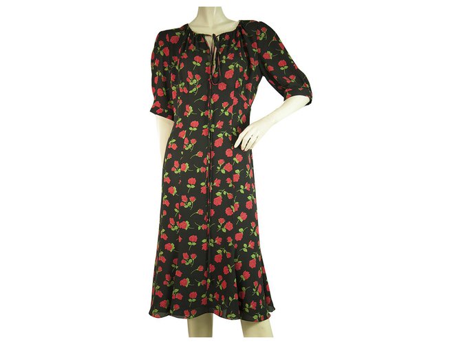 MICHAEL KORS COLLECTION 100% Silk Black Floral Roses Knee Length dress size  8 Dark red  - Joli Closet
