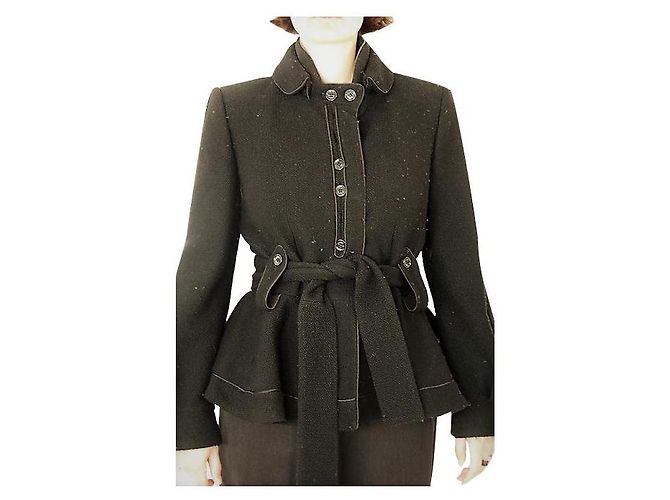 Saint Laurent Long jacket , belted with basque. Black