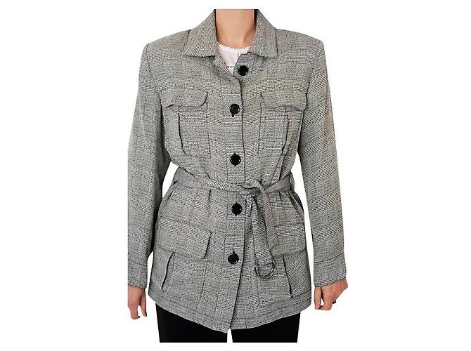Yves Saint Laurent Long Belted Jacket Grey White 