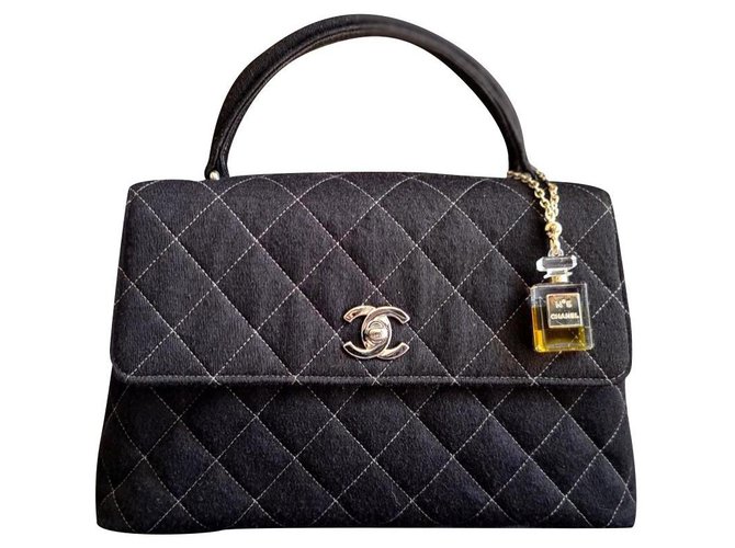 Chanel Vintage Black Grosgrain CC Mini Kelly Top Handle Bag Gold
