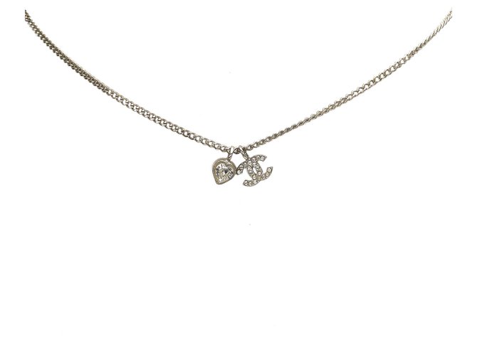 Chanel Silver CC Heart Rhinestones Pendant Necklace Silvery Metal  ref.281317