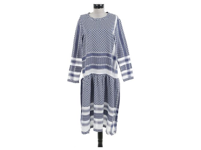 Cecilie Copenhagen Maxikleid Weiß Blau Baumwolle