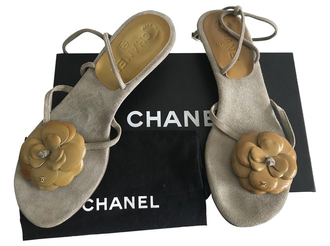 Chanel Camellias Suede Thongs Sandals Grey Mustard Leather  ref.283487