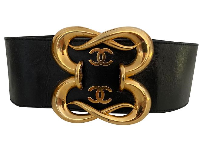 Cinto Chanel de couro preto e metal dourado 80 cm Gold hardware