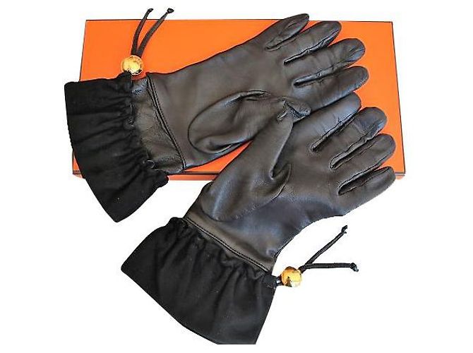 Hermès Lammfell und Hirschleder Handschuhe Schwarz
