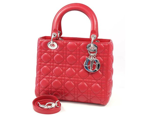 Dior Christian Christian Lady Cannage Sac à main Femme Rouge rose x matériel argenté Cuir Bijouterie argentée  ref.283921