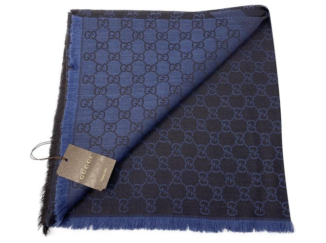foulard foulard châle gucci neuf avec sac en papier Soie Laine Bleu  ref.284055