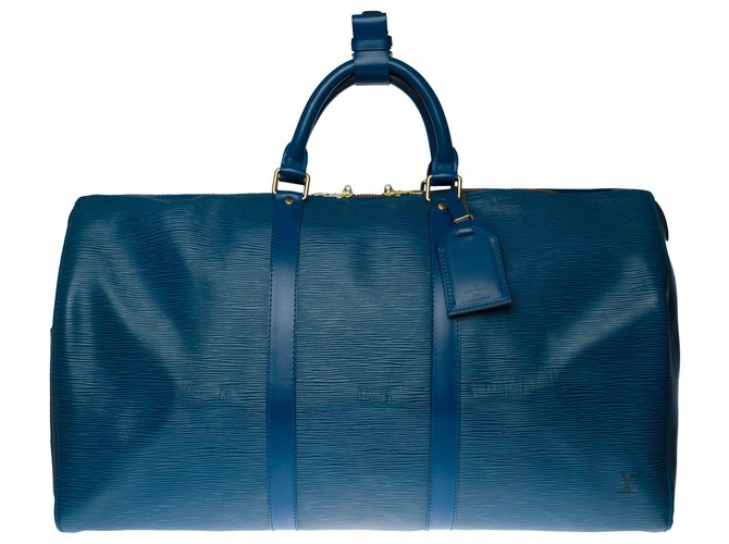 La hermosa bolsa de viaje Louis Vuitton Keepall 50 en cuero azul epi  ref.284458