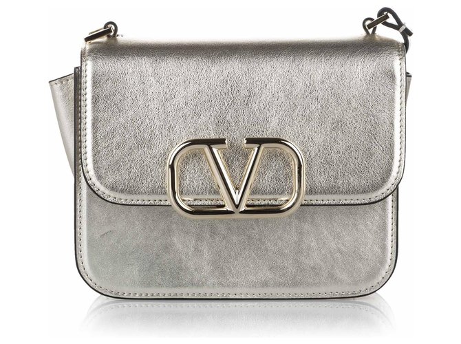 VALENTINO Logo Small VSling Shoulder Bag Crossbody Silver Metallic