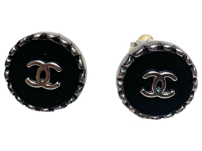 Chanel Spring 1996 earrings Black Silvery Metal  ref.285472
