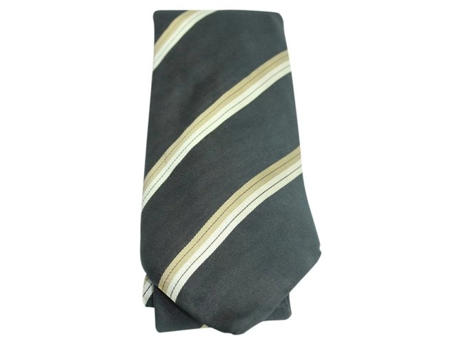 Louis Vuitton Schwarze Krawatte mit horizontalen taupefarbenen Streifen TELM7 Seide  ref.286202