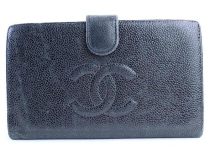 Chanel Caviar CC Logo Bifold lange Brieftasche Schwarz Leder  ref.286713