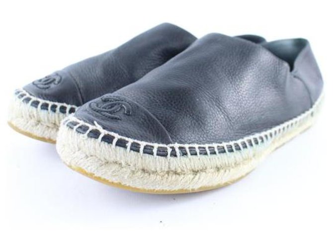 Chanel Black Leather Cap Toe Espadrilles Flats  ref.286776