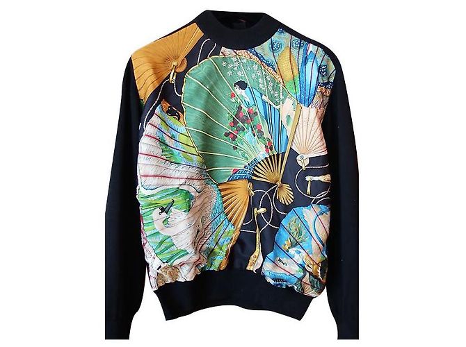 Hermès Brises de Mer Pullover Seide und Wolle schwarz Mehrfarben 