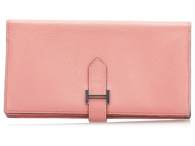 Hermès Carteira de couro Hermes Pink Bearn Soufflet Rosa Bezerro-como bezerro  ref.287255