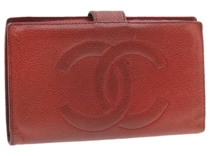 CHANEL Caviar Skin Long Portefeuille Rouge CC Auth br190 Cuir  ref.287608