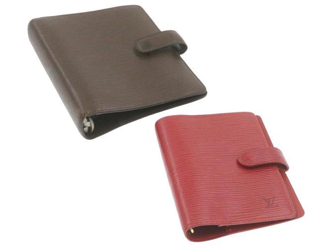 LOUIS VUITTON Epi Agenda PM MM Day Planner Cover Red Brown LV Auth cr693 Cloth  ref.287625