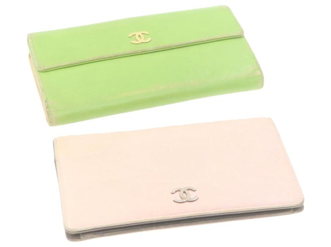 CHANEL Camellia Long Wallet Pink Green 2Set Leather CC Auth yt174  ref.287636