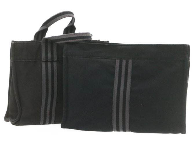 Hermès HERMES cabas clutch Hand Bag Canvas 2Set Black Auth se001 Coton Noir  ref.287746