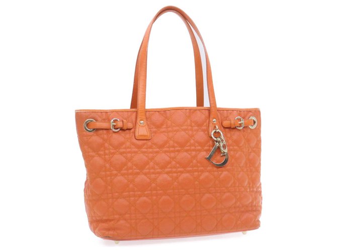 CHRISTIAN DIOR Lady Dior Canage Tote Bag Orange PVC Leather Auth