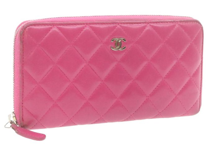 CHANEL Lamb Skin Matelasse Long Wallet Pink CC Auth th1120 Leather  ref.287804
