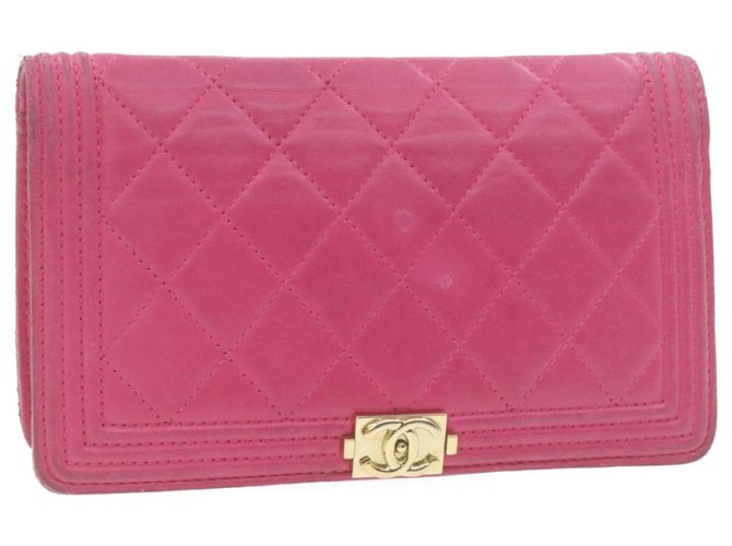 CHANEL Lamb Skin Matelasse Boy Chanel Long Wallet Pink CC Auth th1177 Leather  ref.287831