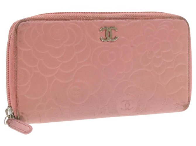 CHANEL Camellia Portafoglio lungo in pelle rosa CC Auth yt039  ref.287838