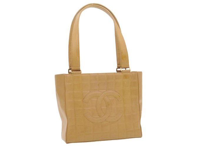 CHANEL Choco Bar Hand Bag Beige Calf Skin Leather CC Auth yt046  ref.287840