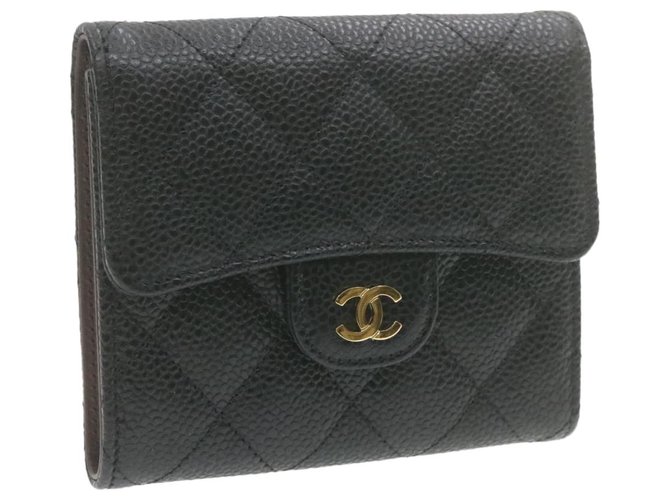 CHANEL Caviar Skin Matelasse Wallet Black Leather CC Auth 20801  ref.287921