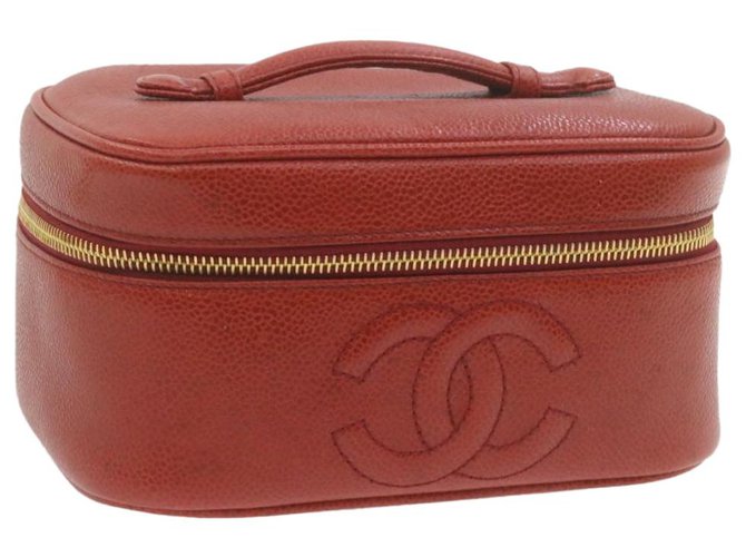 CHANEL Caviar Skin Leather Vanity Cosmetic Pouch Hand Bag Red Auth