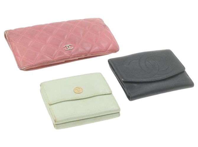 CHANEL Matelasse Coco Button Wallet 3Set Leather CC Auth 20974 Black Pink Light blue  ref.288007