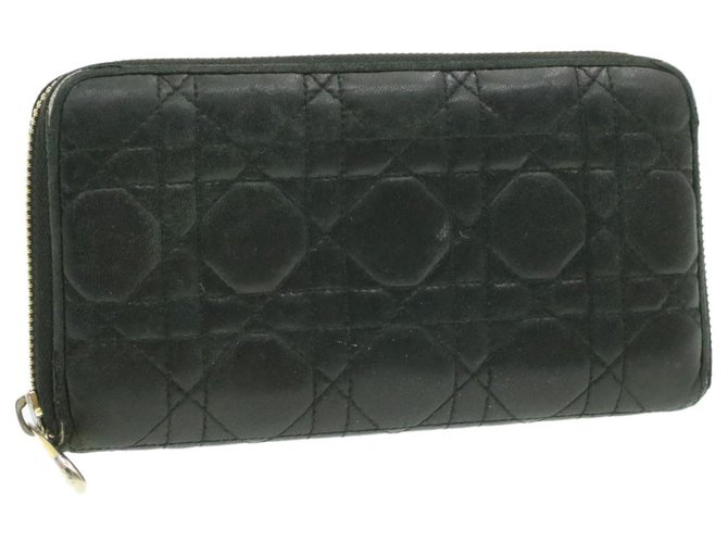 CHRISTIAN DIOR Lamb Skin Canage Charm Wallet Black Auth ki575 Leather  ref.288168