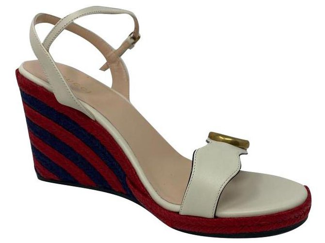 Gucci Damen Espadrille Sandale mit gefüttertem G. Weiß Rot Blau Leder  ref.288296