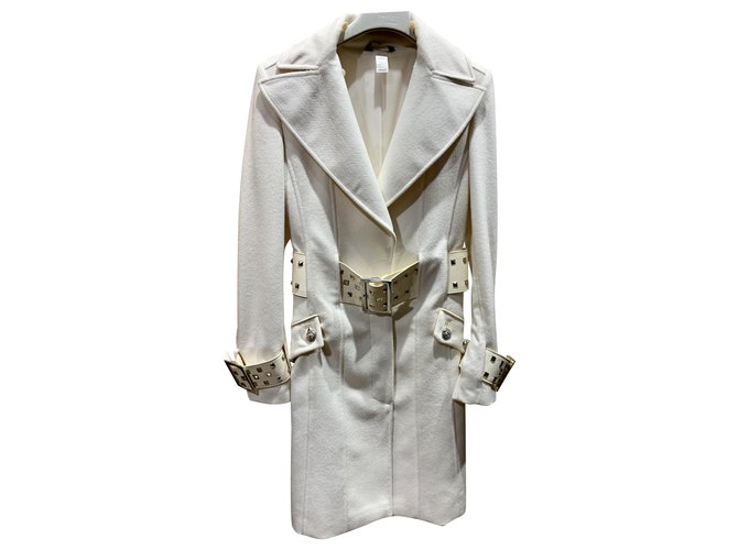 Vintage wool coat from Versace Cream Leather Wood Angora  ref.288394
