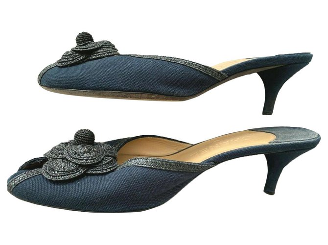 Chanel vintage mules in navy Black Navy blue Cloth  ref.288417