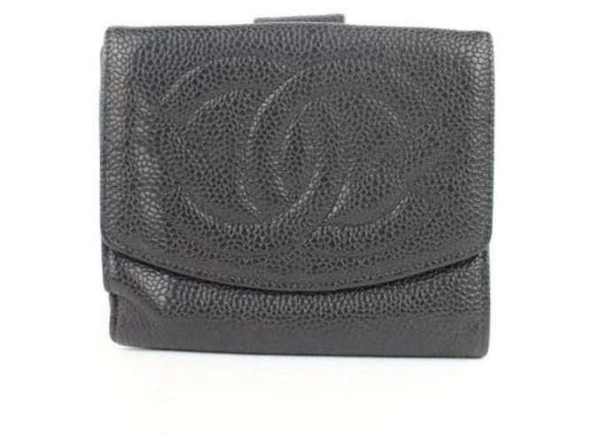 Chanel Portafoglio quadrato nero con grande logo Cc Caviar portamonete  ref.288519