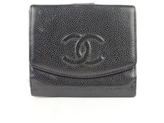 Chanel Carteira quadrada com logotipo Black Caviar CC Preto  ref.288522